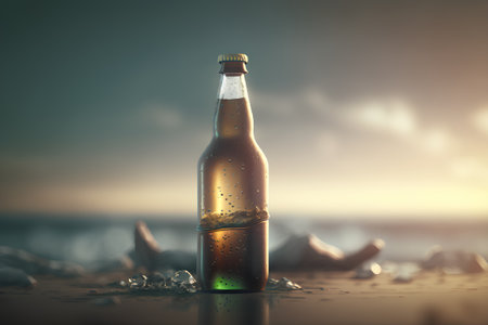 Bottle of beer on the beach at sunset. 3d renderingの素材