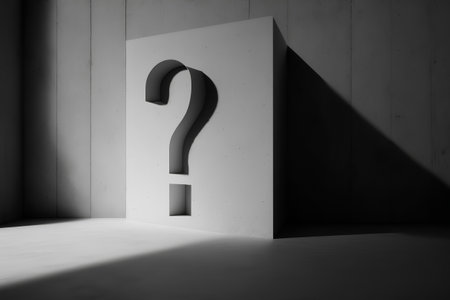 Question mark in empty room, 3d render, black and whiteの素材