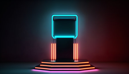 Futuristic podium illuminated by neon light. 3D Renderingの素材