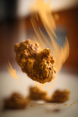 Fried chicken in the fire, close up. Selective focusの素材