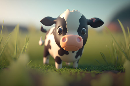 Cute black and white cow in the green grass. 3d renderingの素材