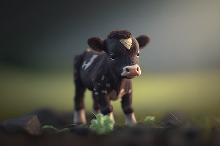 Cute little black and white cow standing in the green grass.の素材