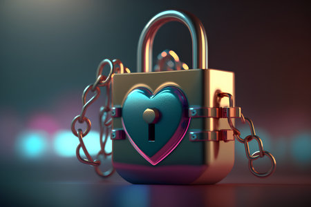 3d illustration of heart padlock with chain and lock on dark backgroundの素材