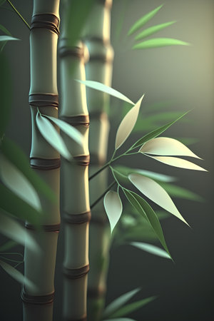 3d illustration of bamboo with green leaves on a dark background.の素材