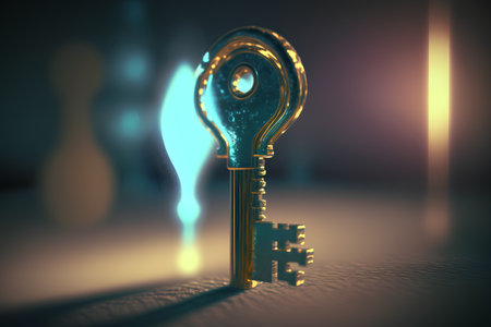 Key to success. 3D illustration. Golden key on dark backgroundの素材