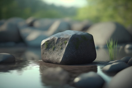 Pebble in water with green grass on background. 3d renderの素材