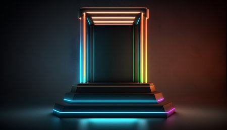 neon podium illuminated by neon lights, 3d render, square imageの素材