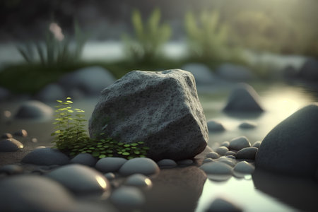 A stone in the water with a plant in it. 3d renderの素材