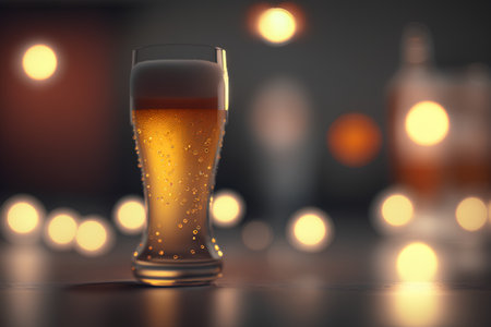 Glass of beer on a dark background with defocused lights. 3d illustrationの素材