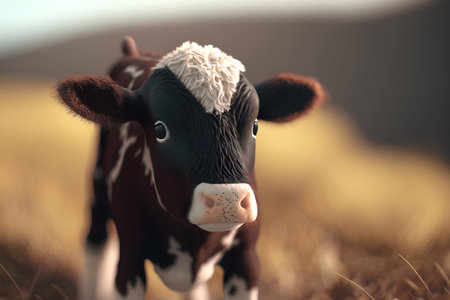 Cute little black and white cow in the field. 3d renderingの素材