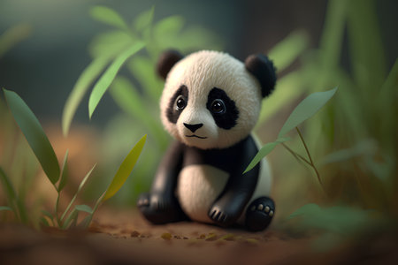 Panda sitting on the ground in the forest, 3d illustrationの素材