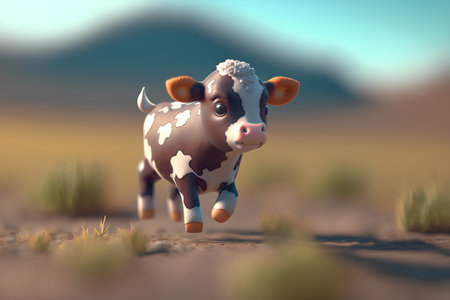 Cute cartoon cow in the meadow. 3D illustration.の素材