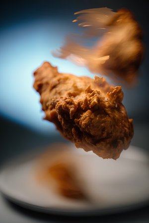 Fried chicken on a plate on a dark background. Selective focus.の素材