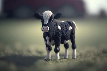 Cute little black and white calf standing on green meadow.の素材