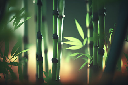 3d illustration of green bamboo stems with leaves in the forest.の素材
