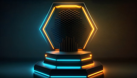 Glowing neon award trophy on dark background. 3D rendering.の素材