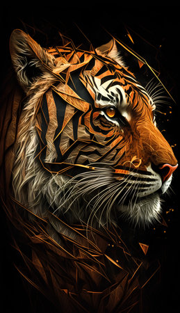 Tiger head with abstract geometric pattern on black background. Vector illustration.の素材