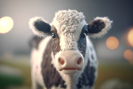 Cute cow on the background of the night city. Selective focus.の素材
