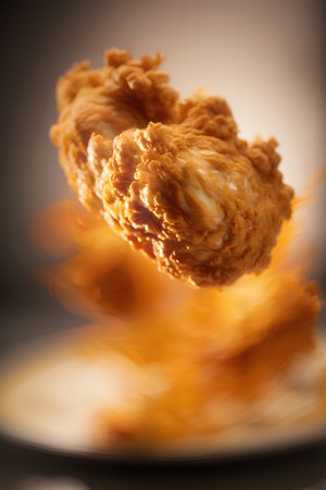 Fried chicken on a plate with fire, close-up.の素材