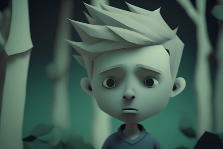 3d rendering of a little boy with a paper crown in the forestの素材