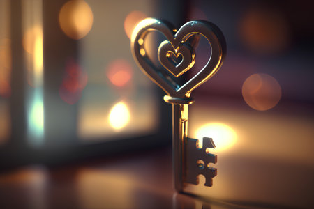Key in heart shape with bokeh background. 3d renderingの素材