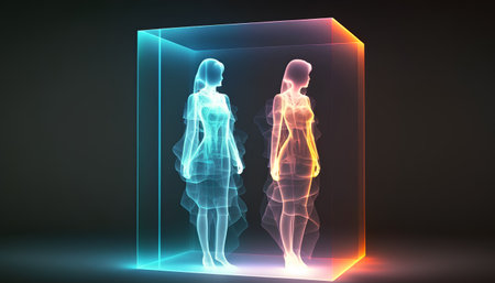 Futuristic 3d illustration of human body in neon light.の素材