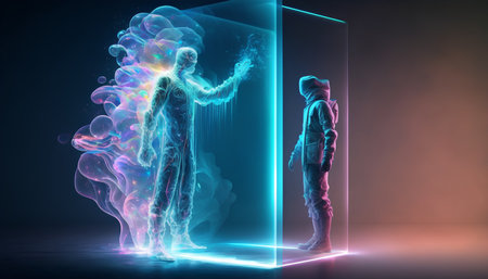 Digital illustration of a man and a woman standing in front of a futuristic doorの素材