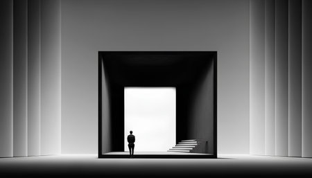 Businessman standing in front of open door to success and opportunity conceptの素材