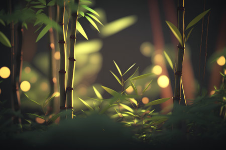3d render of a green bamboo forest with light bokehの素材