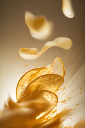 close up of a potato chips falling and splashing on white backgroundの素材