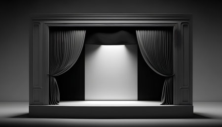 Black theater curtain with spotlight in the dark room. 3d renderの素材
