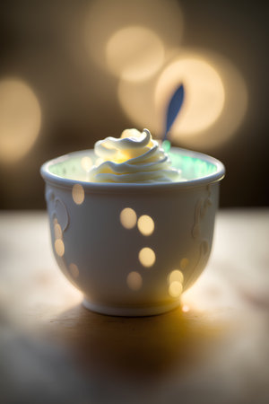 Cup of coffee with cream on the table with bokeh backgroundの素材