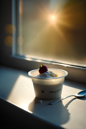 Yogurt with strawberries in a cup on the windowsill.の素材
