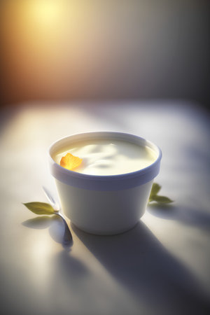 Cream in a white bowl with leaves on a white background.の素材