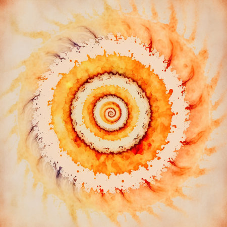 Abstract watercolor background with a spiral pattern in orange and yellow colorsの素材