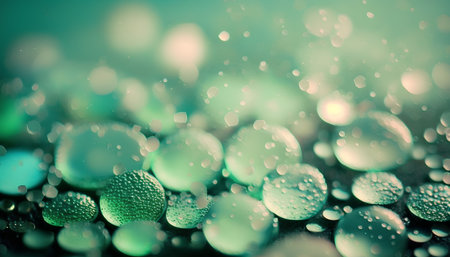 Water drops on a dark green background with bokeh effect.の素材