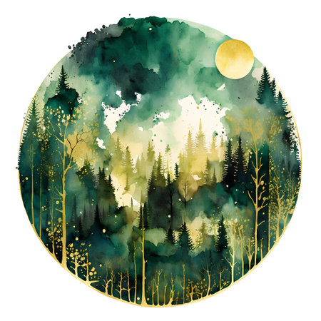 Watercolor landscape with forest and moon. Hand drawn vector illustration.の素材