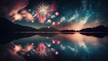 Colorful fireworks over mountain lake at night with reflection in water.の素材