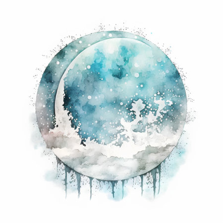 Hand drawn watercolor illustration of night sky with moon and stars.の素材
