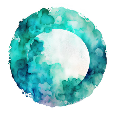 Watercolor circle with blue and green stains. Hand painted illustration.の素材
