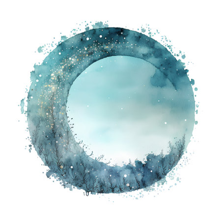Watercolor winter landscape with blue moon and trees. Hand drawn illustration.の素材