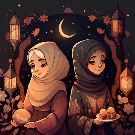 Muslim girls with lanterns and sweets. Ramadan Kareem greeting cardの素材