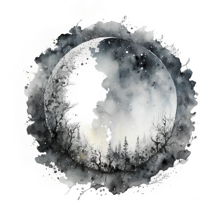 Watercolor illustration of a full moon in the night sky with trees.の素材