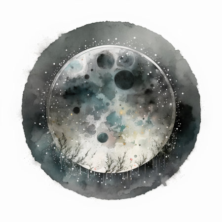 Watercolor illustration of the moon in the night sky with stars.の素材