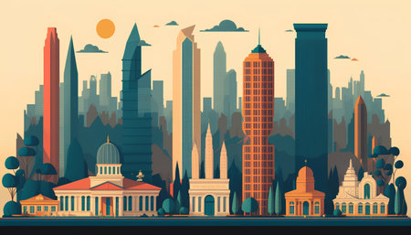 Cityscape with skyscrapers and buildings. Vector illustration in flat styleの素材