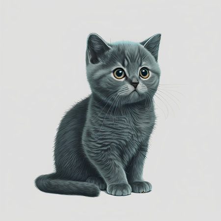 Cute gray kitten sitting on a white background. Illustration.の素材