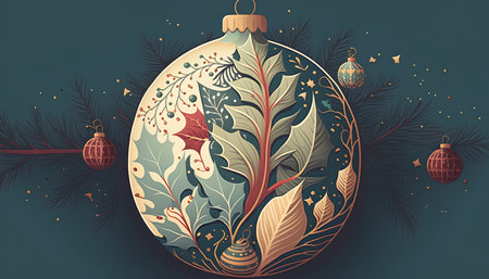 Christmas greeting card with Christmas ball and fir branches. Vector illustration.の素材