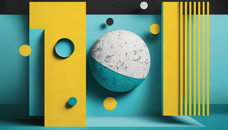 Easter egg on blue and yellow background. 3d render illustrationの素材