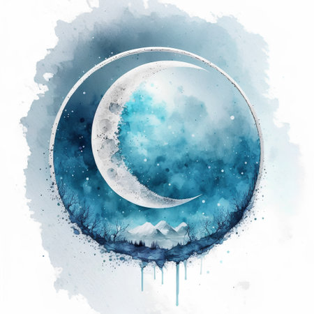 Illustration of the moon in the night sky. Watercolor painting.の素材