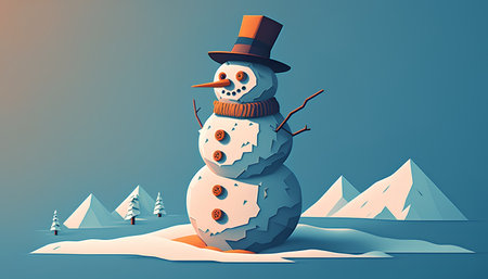 Snowman with hat and scarf on the background of mountains. 3d illustrationの素材